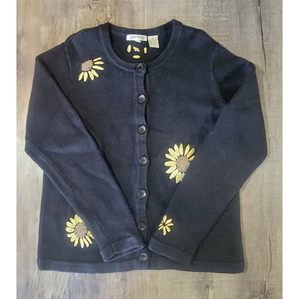 Orvis Women's Medium Cardigan  Button Up Sweater Flowers Daisy's‎ Navy Blue